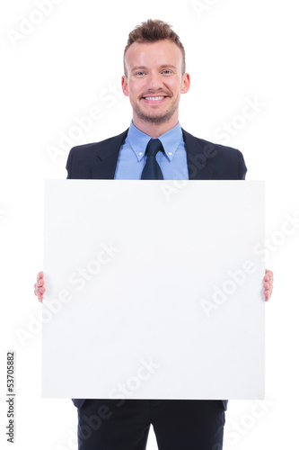 business man holds empty plank