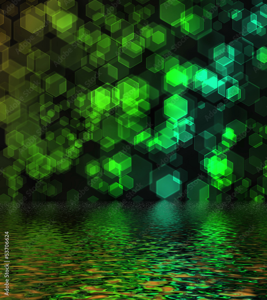 Green hexagon bokeh background reflected in water surface.