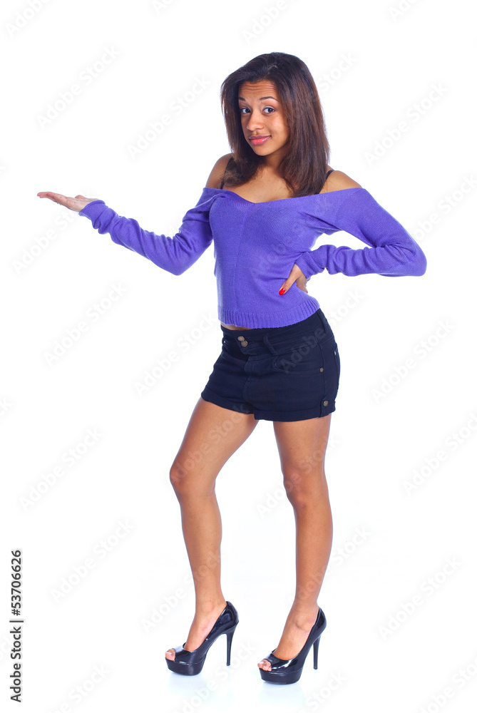 Woman showing product with open hand palm. Woman showing product with open hand palm.