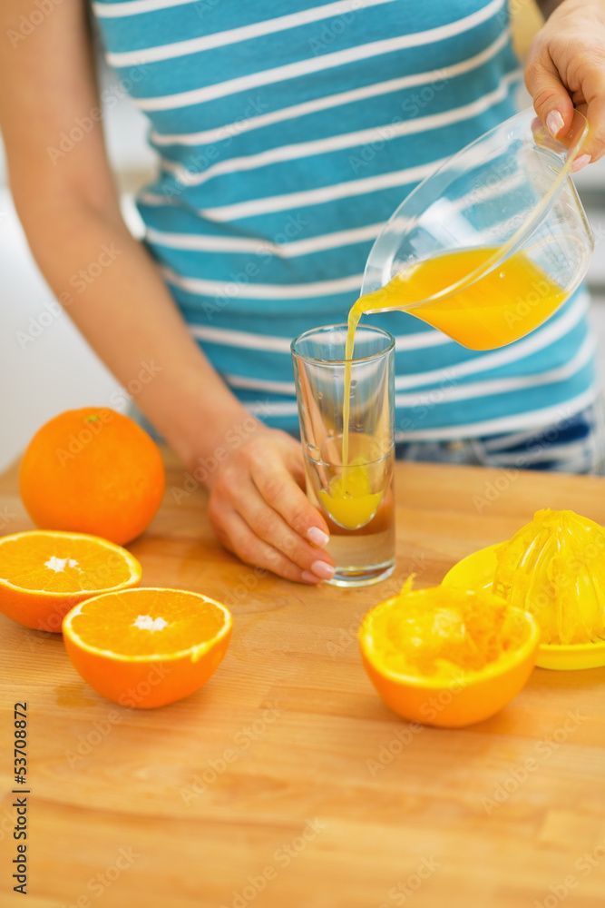 Closeup on woman pouring juice into glass Closeup on woman pouring juice into glass