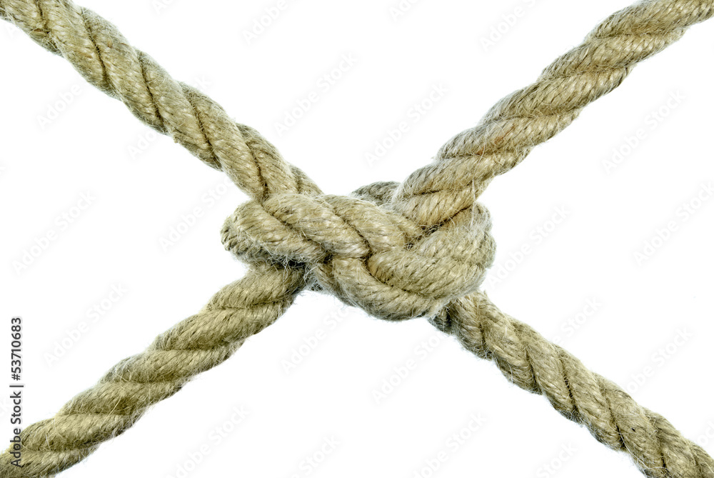 The rope tied in a knot on a white background. The rope tied in a knot on a white background.