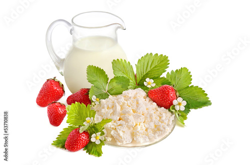 Strawberries, milk and cottage cheese photo