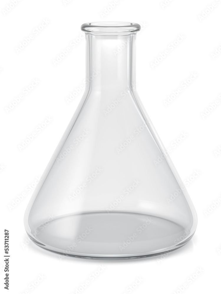 Empty glass conical erlenmeyer flask isolated on white backgroun - obrazy, fototapety, plakaty 