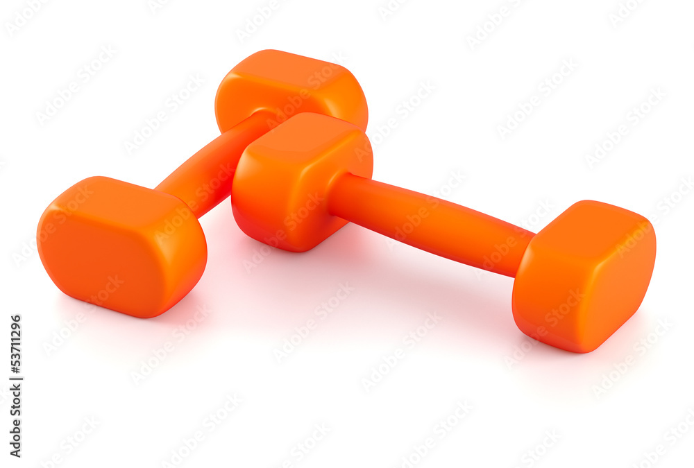 Two orange plastic 1 kg dumbbells on white background Two orange plastic 1 kg dumbbells on white background