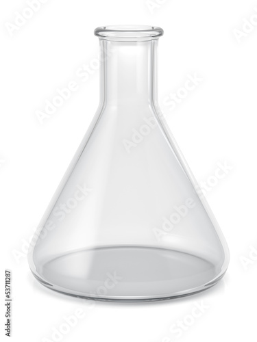 Empty glass conical erlenmeyer flask isolated on white backgroun photo