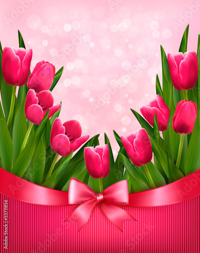 Holiday background with bouquet of pink flowers with bow and rib