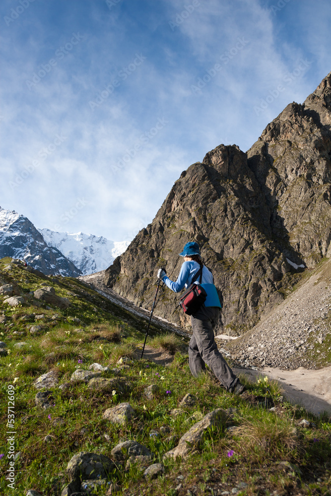Hikier is climbing mountain in Caucasus mountains in Bezengi reg Hikier is climbing mountain in Caucasus mountains in Bezengi reg