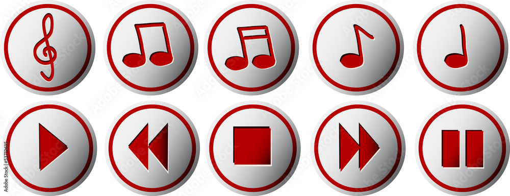 Music buttons with silhouettes of notes and clef illustration Music buttons with silhouettes of notes and clef illustration