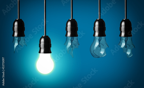 idea concept with broken bulbs and one glowing bulb