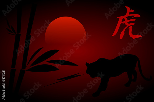 black tiger on red background sunset