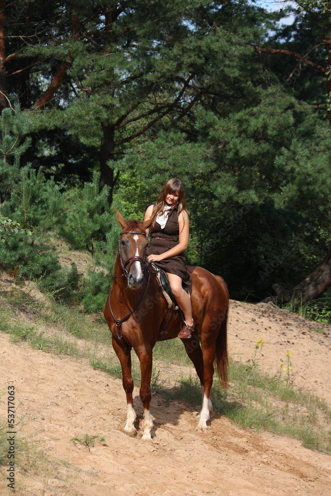 Girl in dress and brown horse portrait in forest