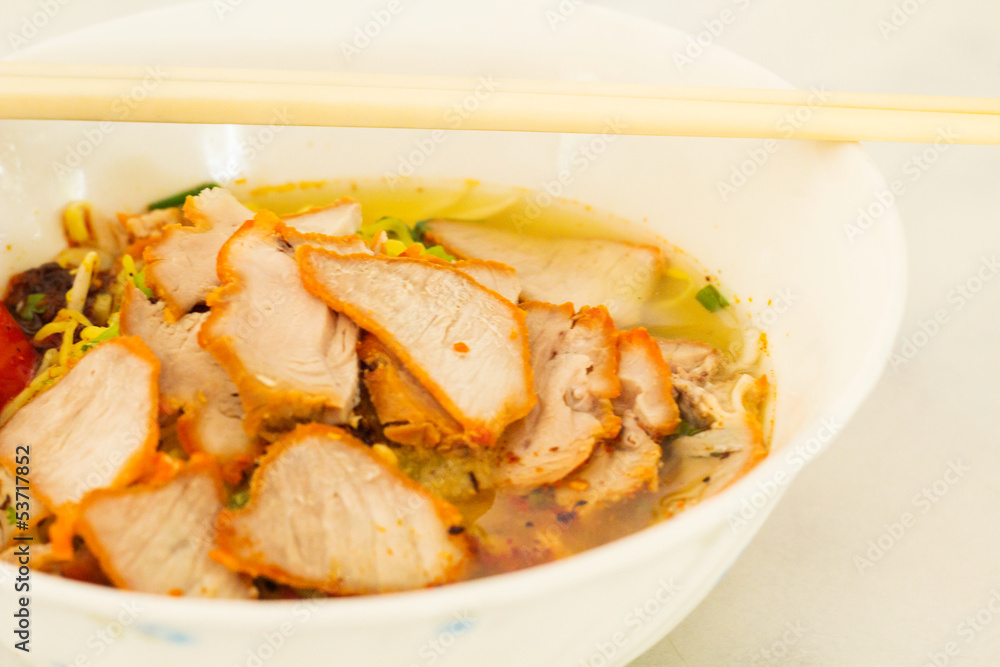 Closeup of Roast red pork noodle . Closeup of Roast red pork noodle .