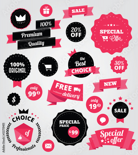 vector stickers and ribbons set red