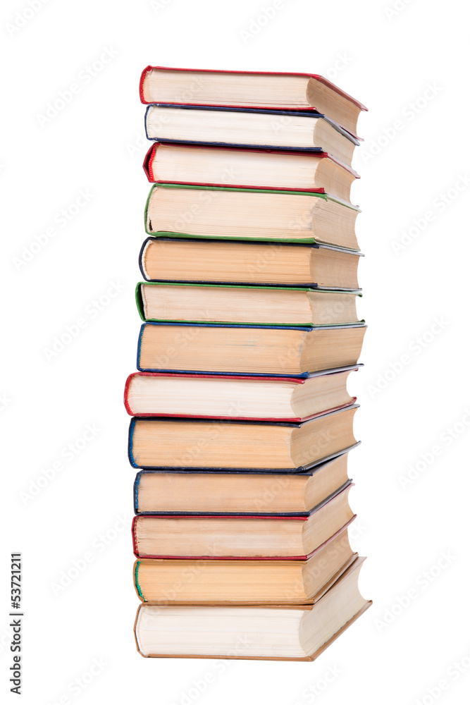 Multicolored books stack isolated on white background.