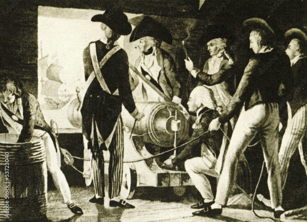 English sailors operating a cannon (ca. 1800)