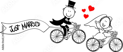 funny bride and groom on bycicle