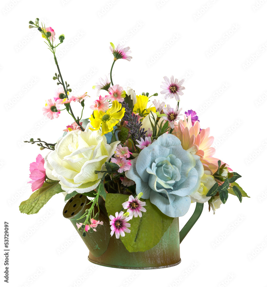 Bouquet of flowers in green watering pot Bouquet of flowers in green watering pot