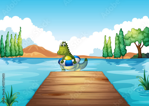 A crocodile inside a buoy swimming