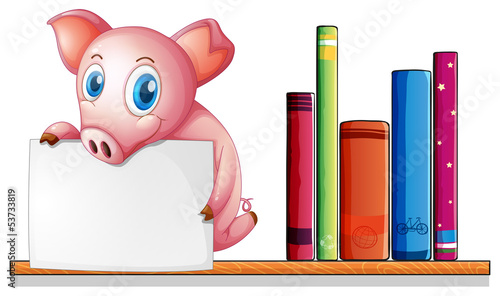 A pig above a shelf holding an empty signboard