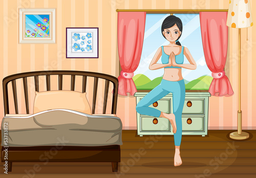 A girl doing yoga near her bedroom
