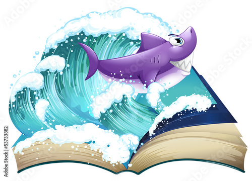 A storybook with a shark and a big wave