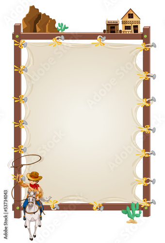 A cowboy riding on a horse with an empty signage at the back