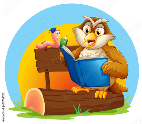 An owl and a worm reading a book
