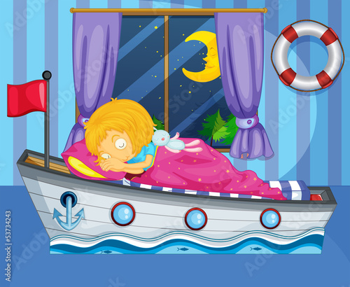 A girl sleeping on her boat-like bed
