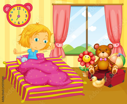 A young girl waking up