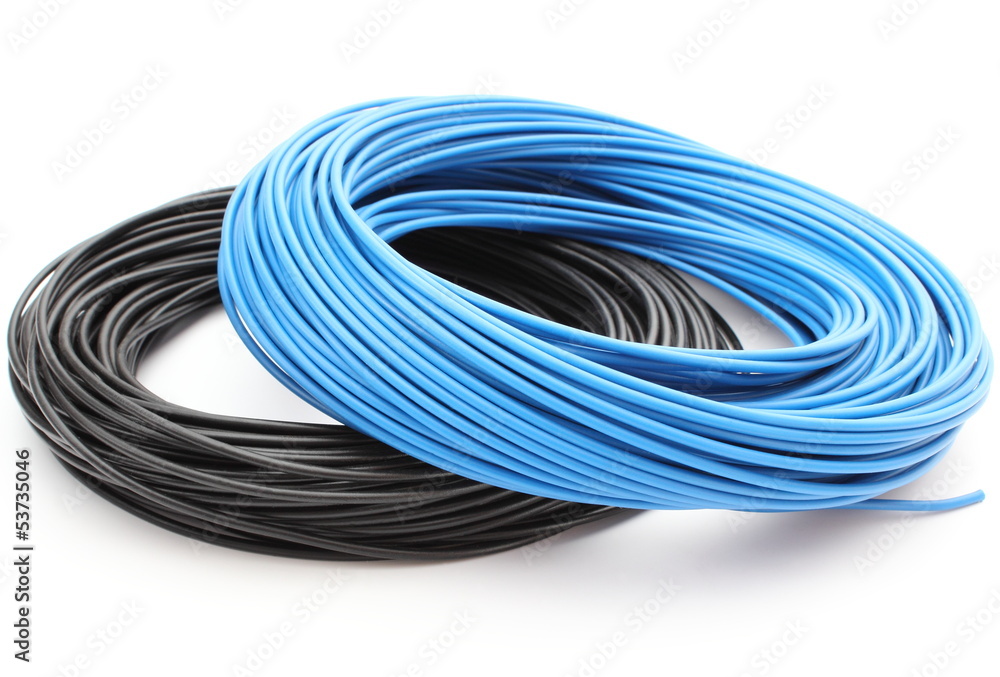 Blue and black cable on white background Blue and black cable on white background