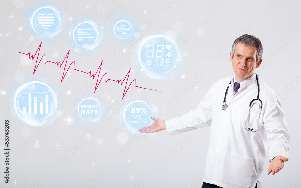 Doctor examinating modern heartbeat graphics Doctor examinating modern heartbeat graphics