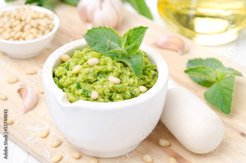 pesto with green peas, mint and pine nuts, horizontal