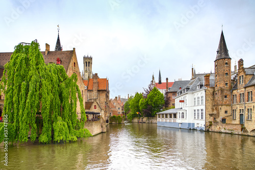 Bruges or Brugge, Rozenhoedkaai water canal view. Belgium.