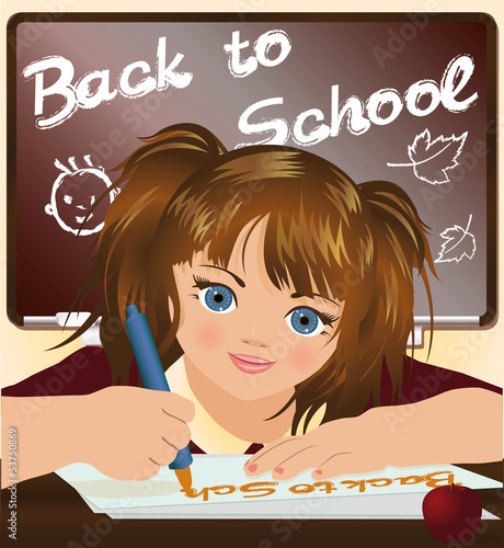 Cute schoolgirl writing Back to school.