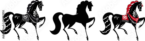Traditional Russian drawing of horse in Gorodetsky style