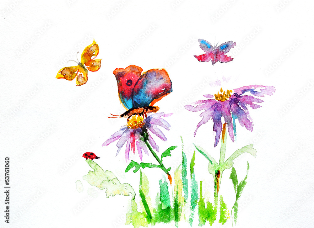 watercolor drawing of a flower with a butterfly