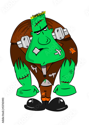 A cartoon Frankenstein monster with nuts and bolts in neck