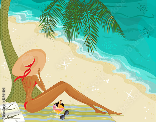 Slim tanned girl in red swimsuit at tropical beach