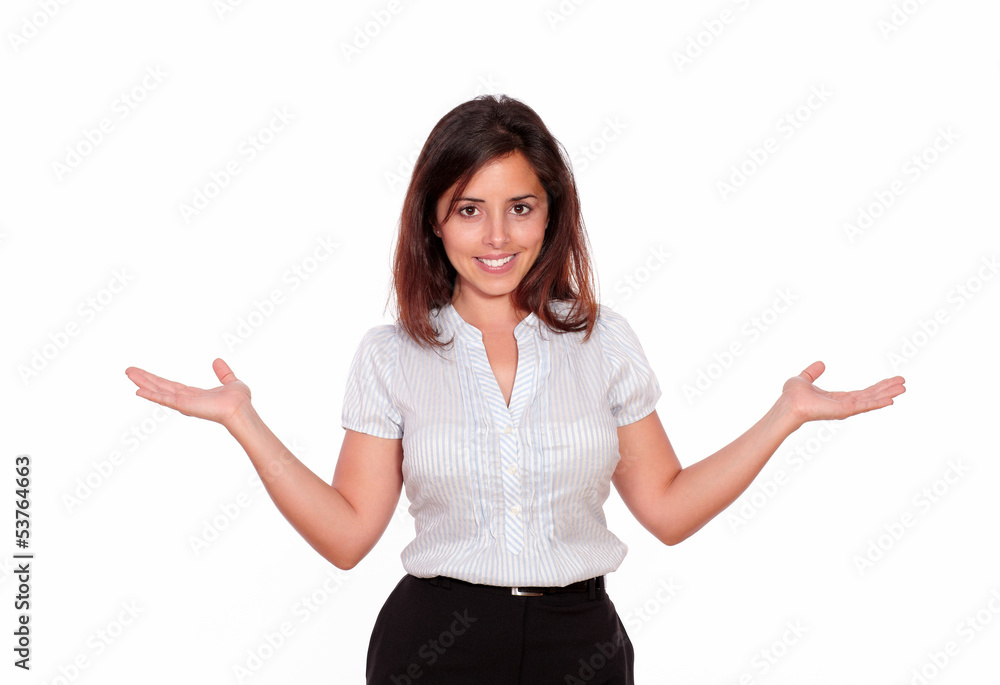 Charming young woman looking at you with palms up Charming young woman looking at you with palms up