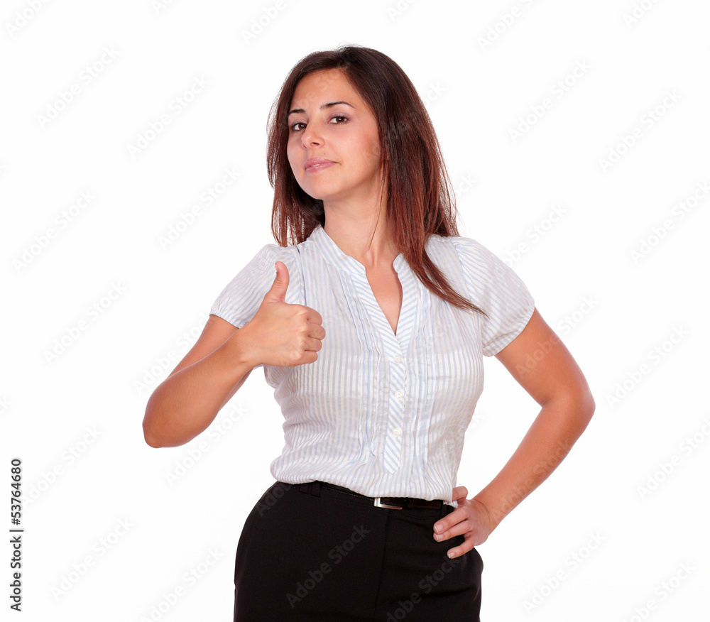 Beautiful woman showing positive sign with fingers Beautiful woman showing positive sign with fingers