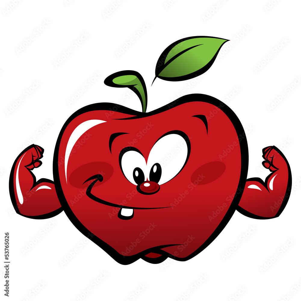 Happy cartoon strong red apple making a power gesture Happy cartoon strong red apple making a power gesture