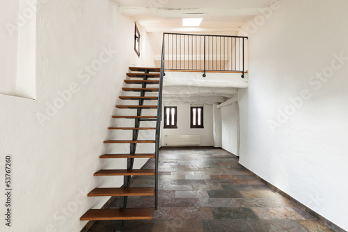 interior rustic house, large room with staircase