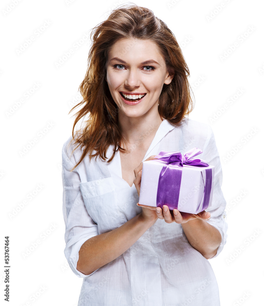 brunette european woman & gift-box with a bow - isolated brunette european woman & gift-box with a bow - isolated