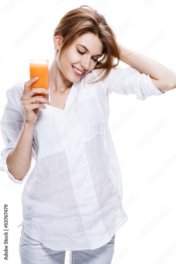 european woman with glass of orange juice - isolated european woman with glass of orange juice - isolated