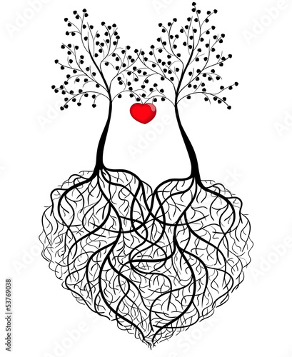 two trees whose roots are woven into a heart shape