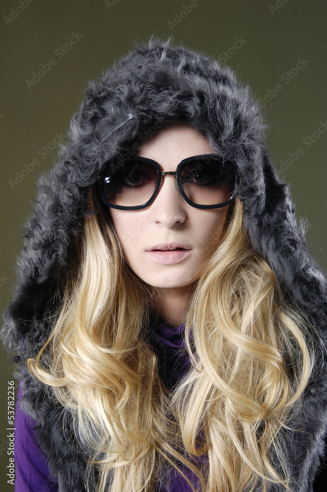 Close up young woman wearing sunglasses Close up young woman wearing sunglasses