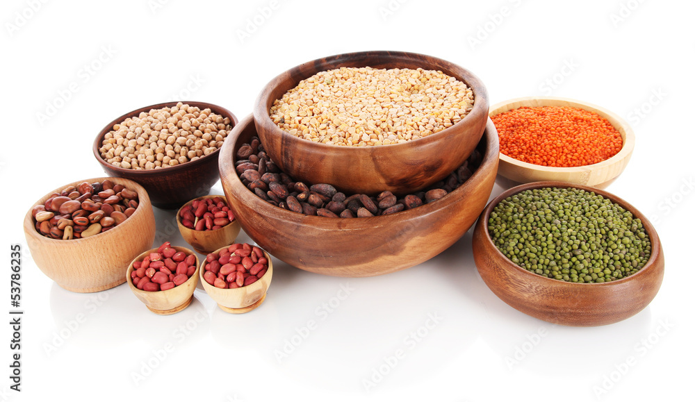 Different kinds of beans in bowls isolated on white Different kinds of beans in bowls isolated on white