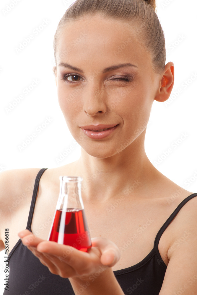 woman holds flask with red liquid, isolated on white background woman holds flask with red liquid, isolated on white background