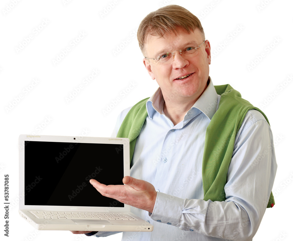 Man presenting laptop isolated on white background
