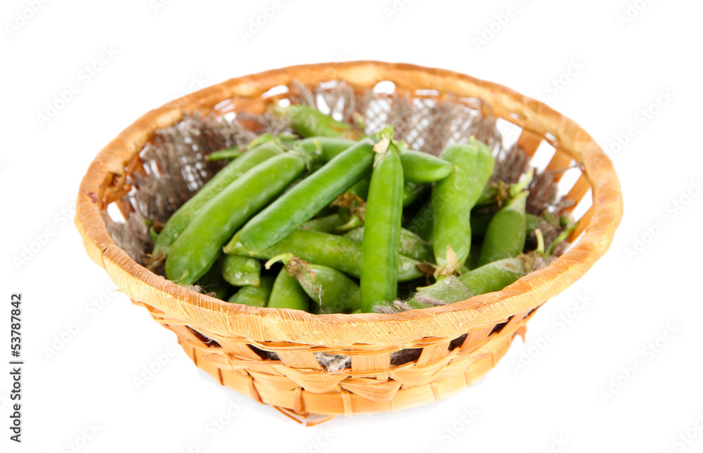 Green peas in basket isolated on white Green peas in basket isolated on white
